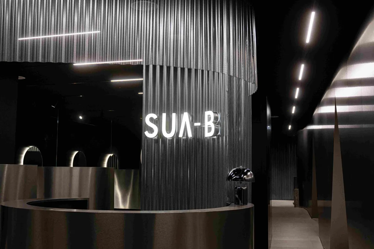 Recepción de SUΛ-B con la pared de acero ondulado y el logotipo iluminado